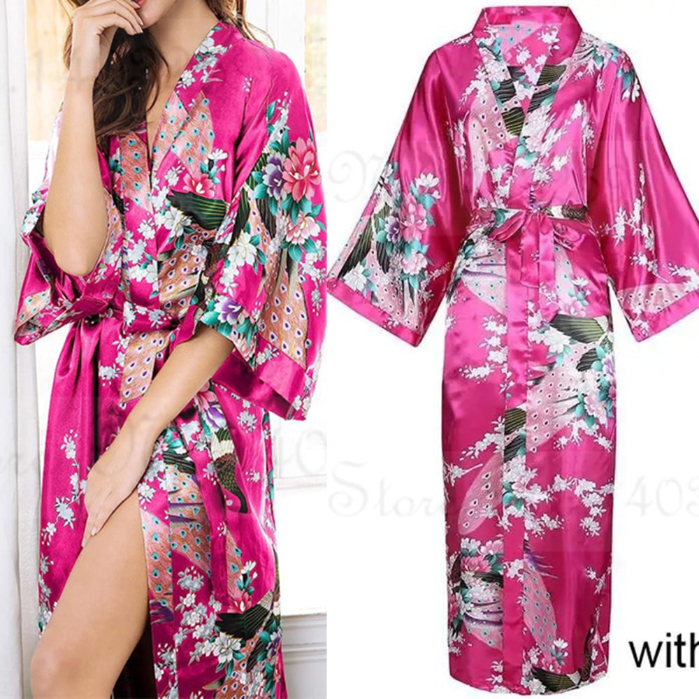 Peacock Print Satin Long Robe, Flower Kimono Bathrobe Gown for Women, Sleepwear Loungewear