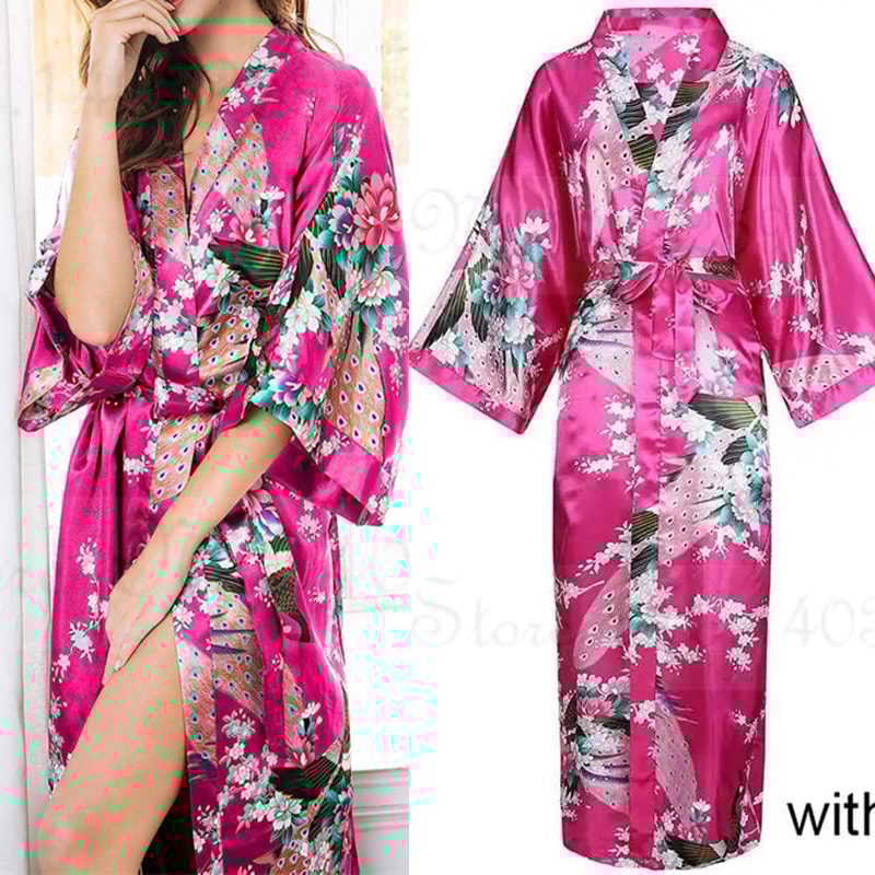 Peacock Print Satin Long Robe, Flower Kimono Bathrobe Gown for Women, Sleepwear Loungewear