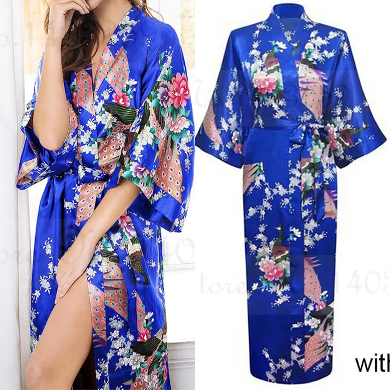 Peacock Print Satin Long Robe, Flower Kimono Bathrobe Gown for Women, Sleepwear Loungewear