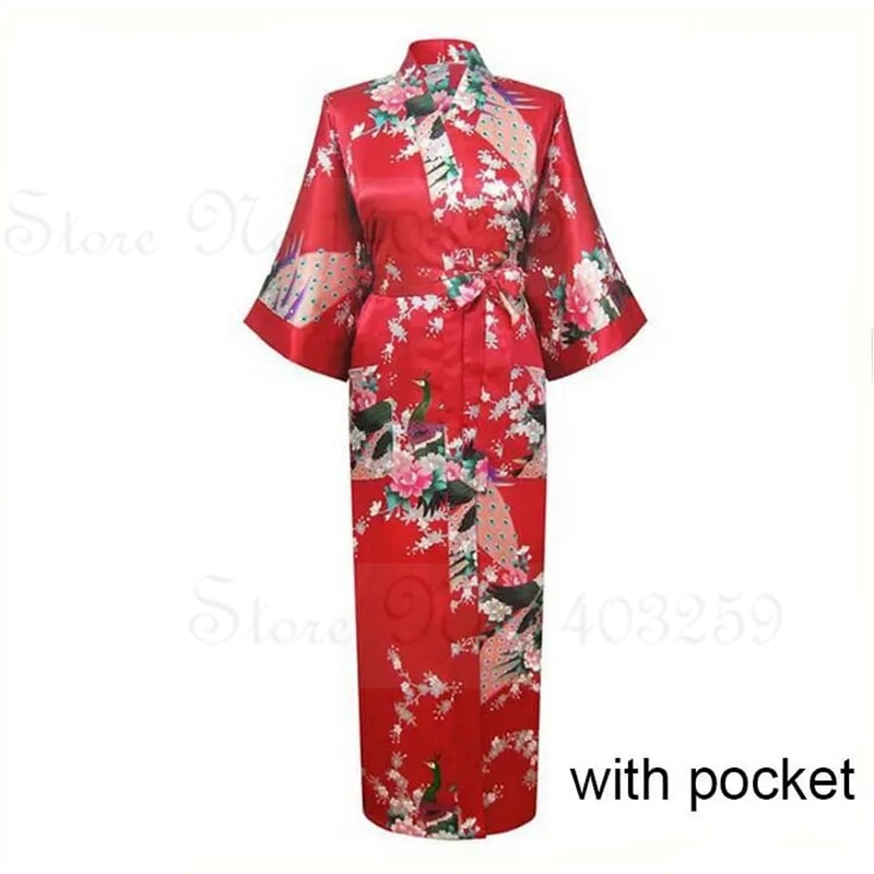 Peacock Print Satin Long Robe, Flower Kimono Bathrobe Gown for Women, Sleepwear Loungewear