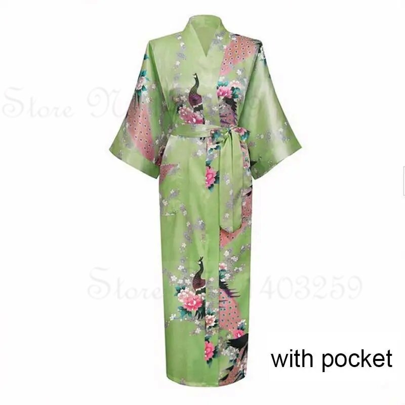 Peacock Print Satin Long Robe, Flower Kimono Bathrobe Gown for Women, Sleepwear Loungewear
