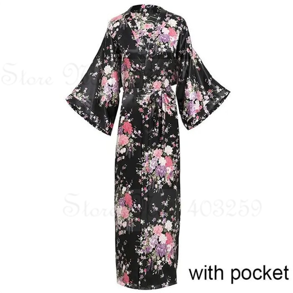 Peacock Print Satin Long Robe, Flower Kimono Bathrobe Gown for Women, Sleepwear Loungewear