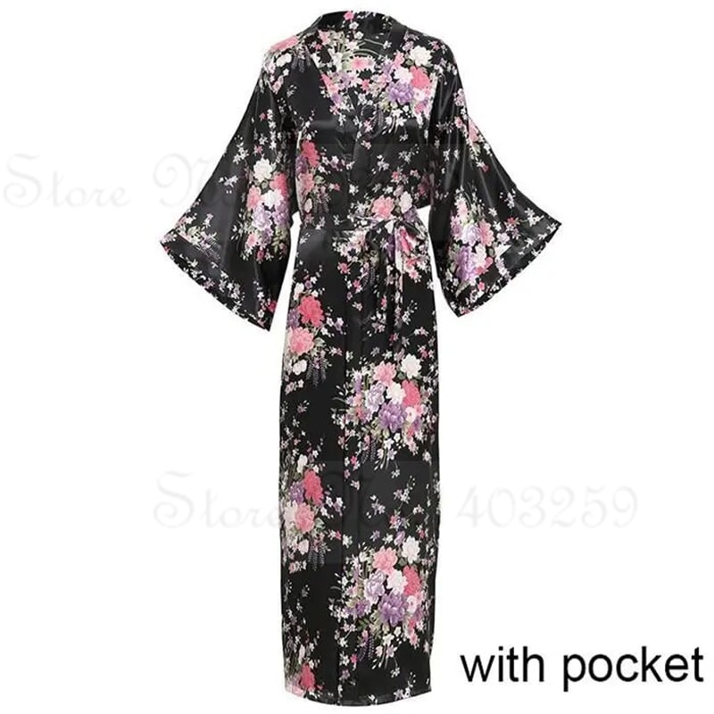 Peacock Print Satin Long Robe, Flower Kimono Bathrobe Gown for Women, Sleepwear Loungewear