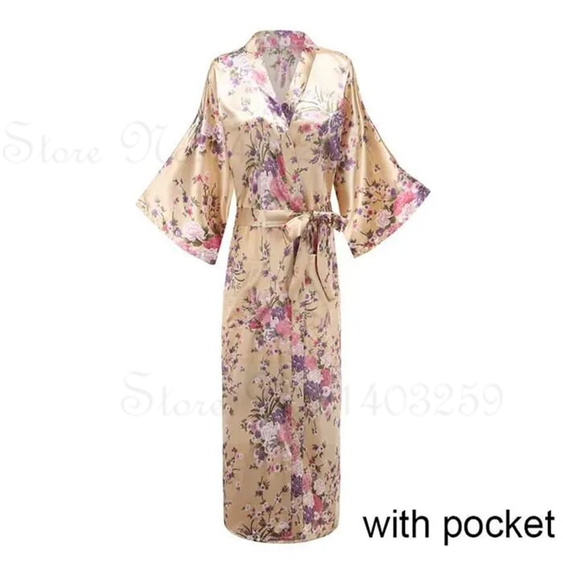 Peacock Print Satin Long Robe, Flower Kimono Bathrobe Gown for Women, Sleepwear Loungewear