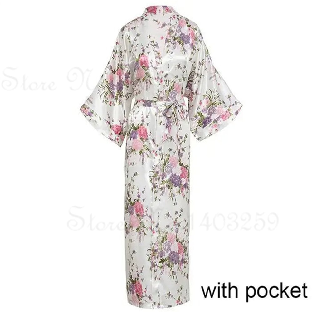 Peacock Print Satin Long Robe, Flower Kimono Bathrobe Gown for Women, Sleepwear Loungewear