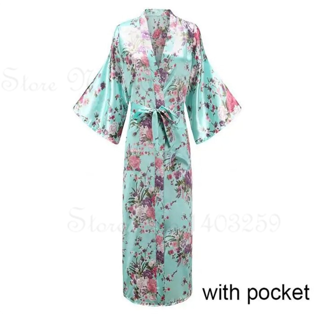 Peacock Print Satin Long Robe, Flower Kimono Bathrobe Gown for Women, Sleepwear Loungewear
