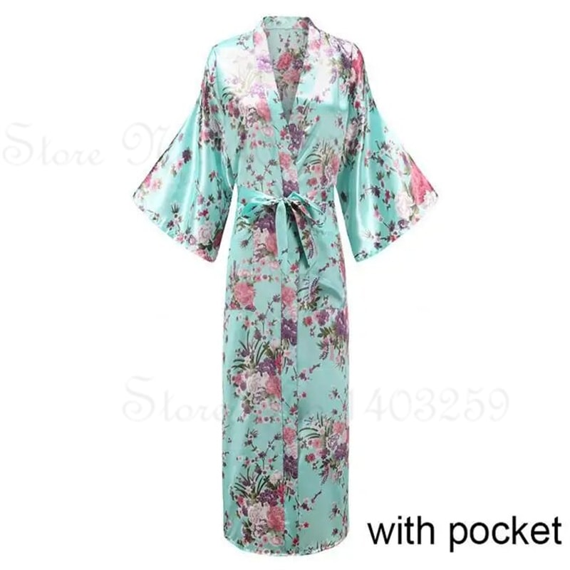 Peacock Print Satin Long Robe, Flower Kimono Bathrobe Gown for Women, Sleepwear Loungewear