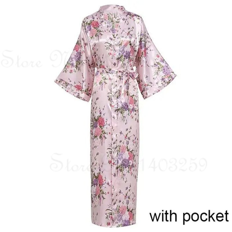 Peacock Print Satin Long Robe, Flower Kimono Bathrobe Gown for Women, Sleepwear Loungewear