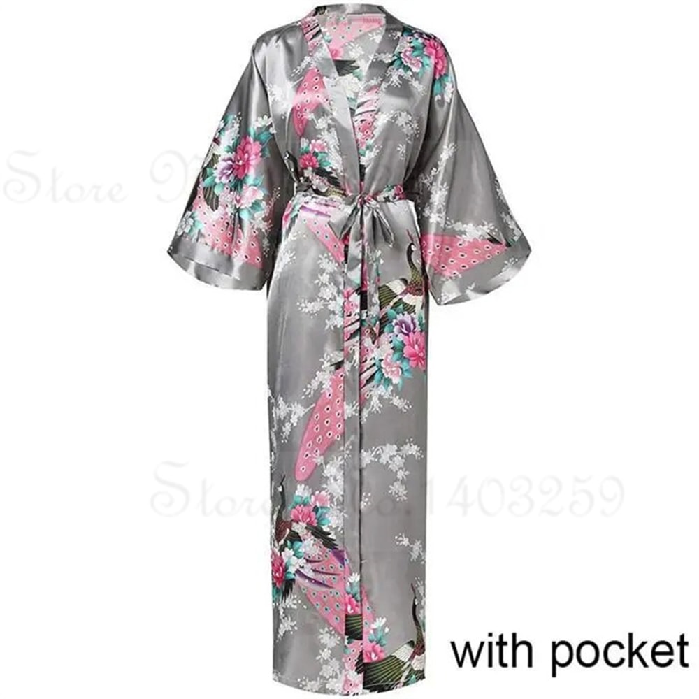 Peacock Print Satin Long Robe, Flower Kimono Bathrobe Gown for Women, Sleepwear Loungewear