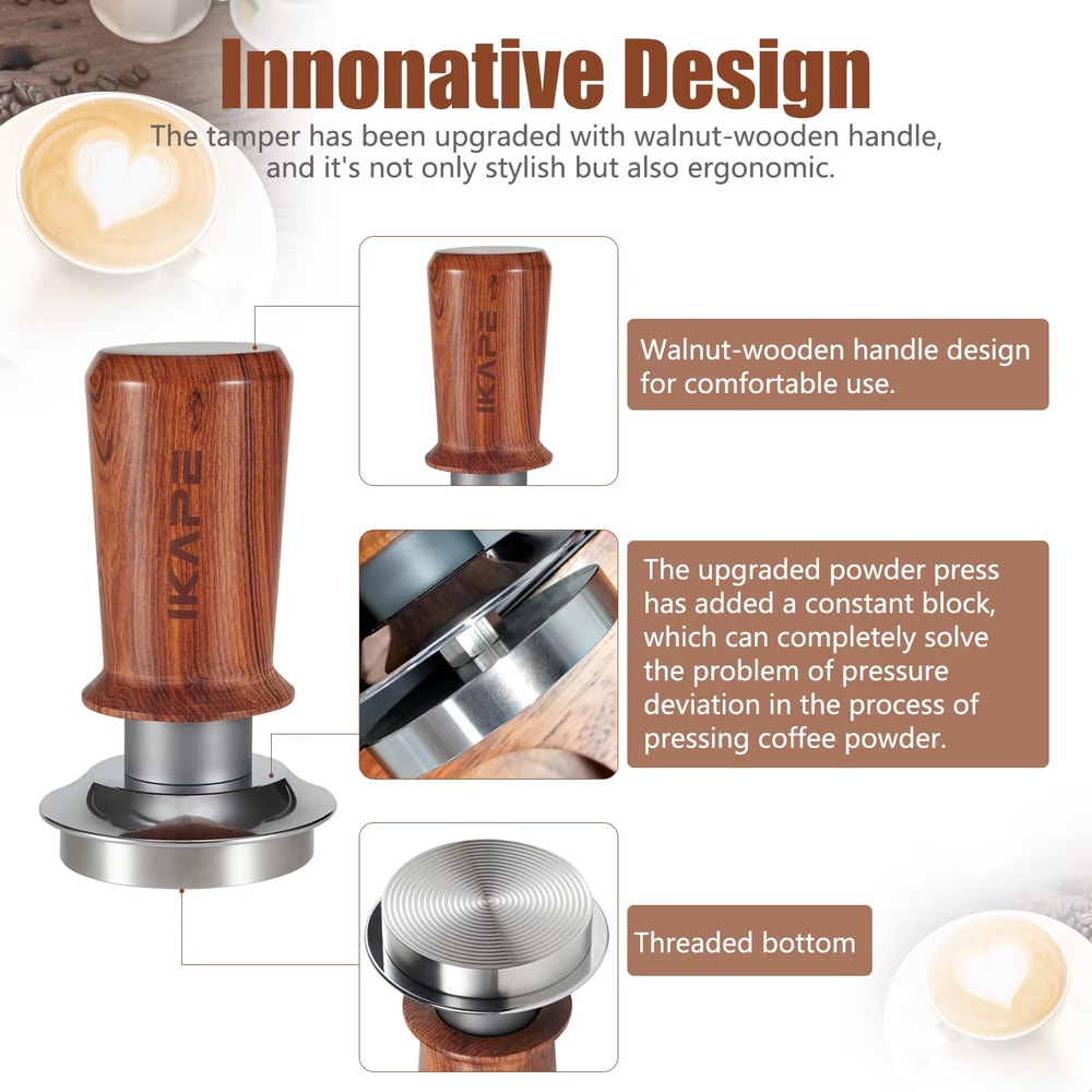 Espresso Walnut Tamper, Spring Loaded with Titanium PVD Coating