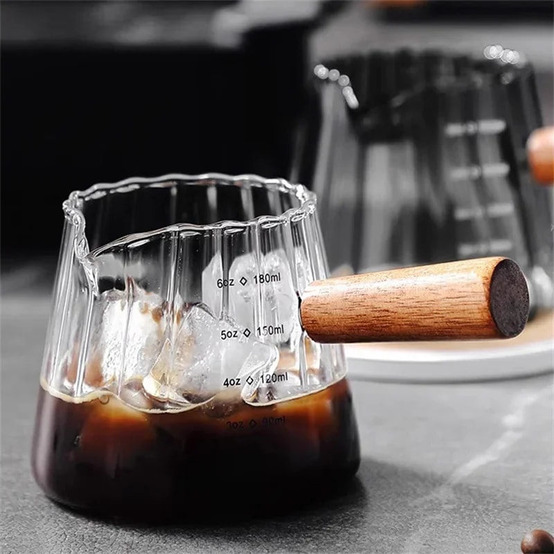 Glass Measuring Cup With Wood Handle Vertical Grain Coffee Extraction Mug With Scale Milk Jug Measu 1