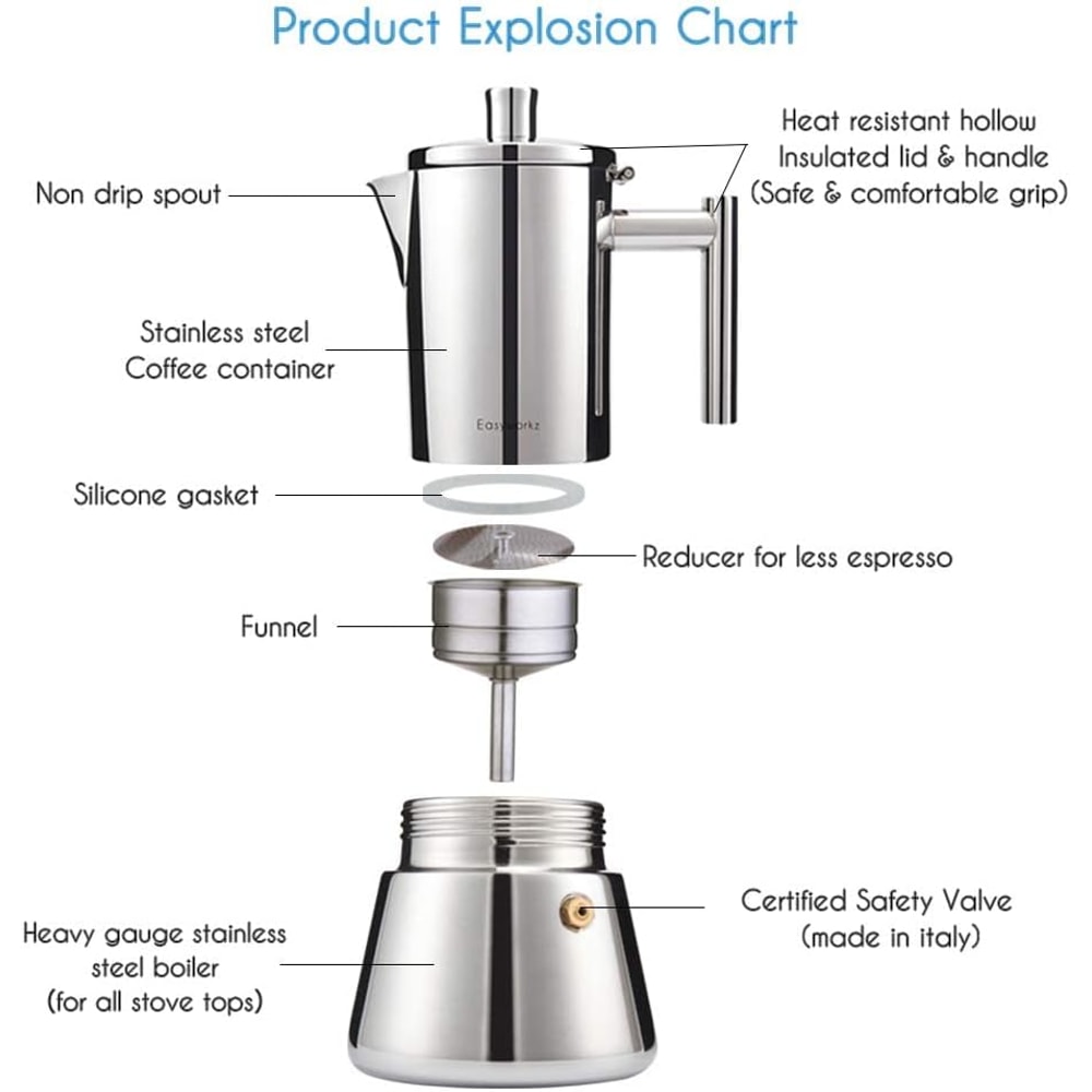 Italian Coffee Machine Maker, Stainless Steel Stovetop Espresso Maker, Induction Moka Pot