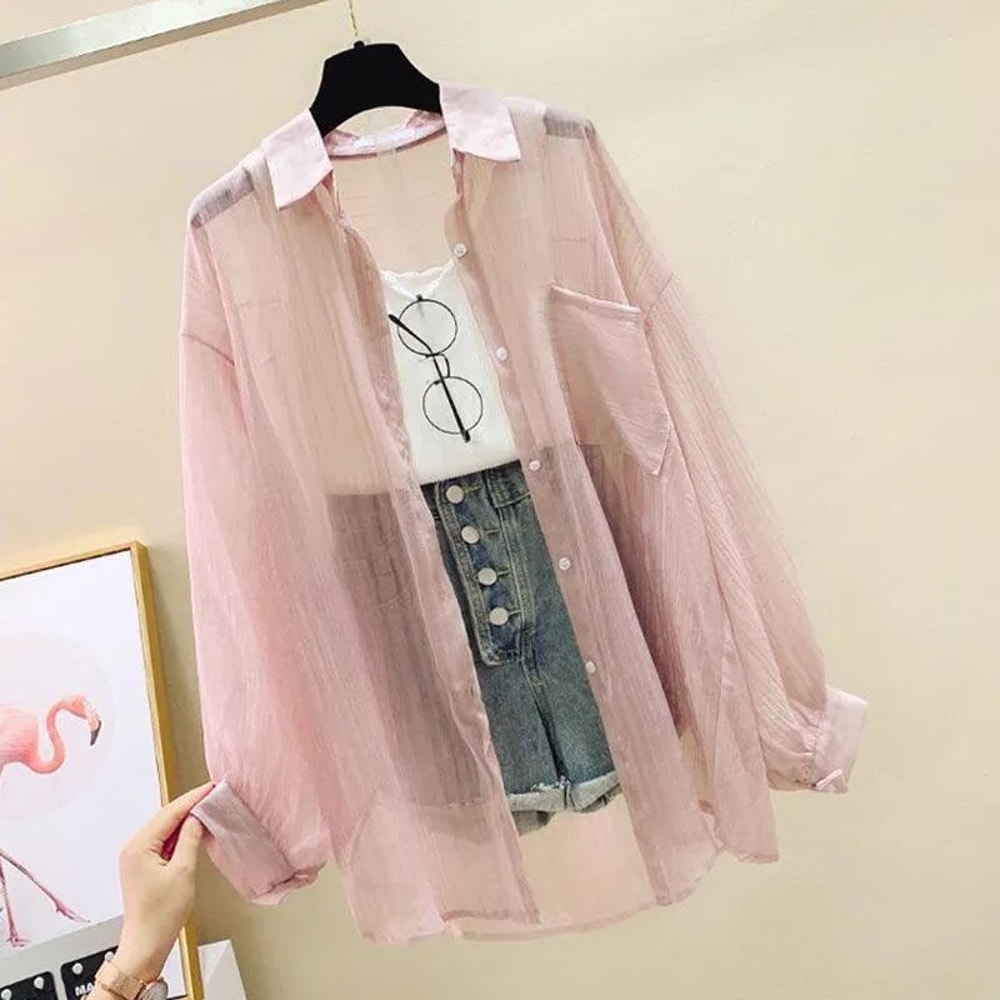 Casual Women's Cardigan Top, Korean Harajuku Loose Top, Thin Cut Perspective Chiffon Shirt for Women