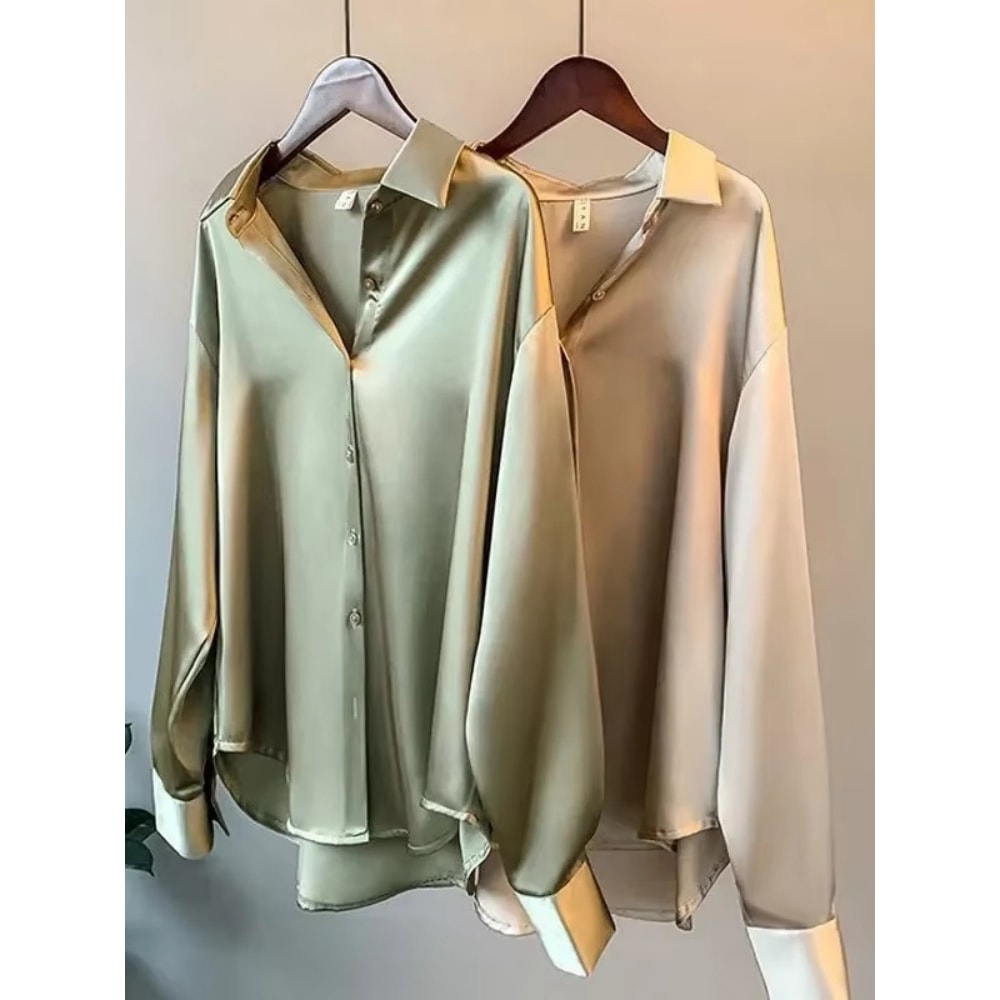 Turn-down Collar Ladies Blouse Autumn, Elegant Satin Loose Women Shirt Spring Vintage Casual Button Silk Tops