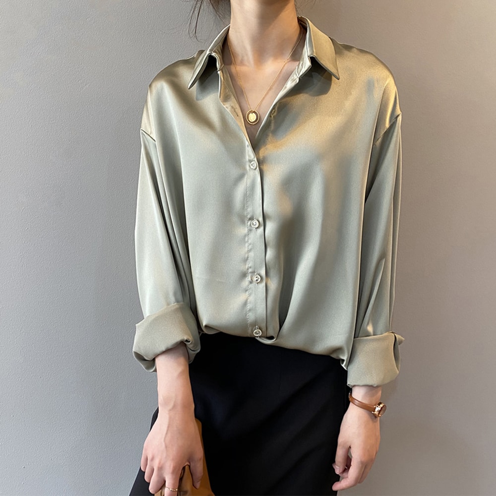 Turn-down Collar Ladies Blouse Autumn, Elegant Satin Loose Women Shirt Spring Vintage Casual Button Silk Tops