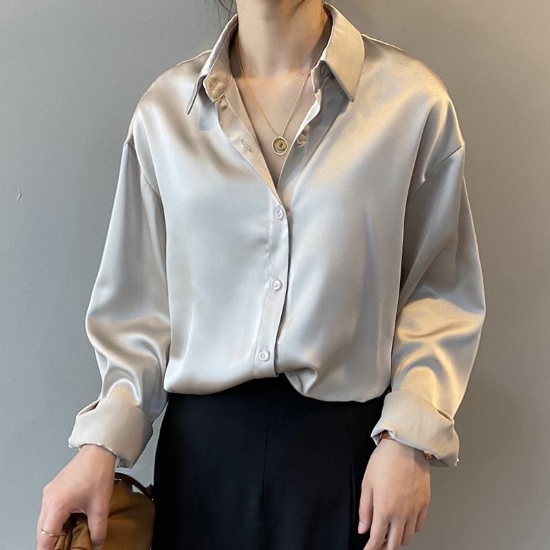 Turn-down Collar Ladies Blouse Autumn, Elegant Satin Loose Women Shirt Spring Vintage Casual Button Silk Tops
