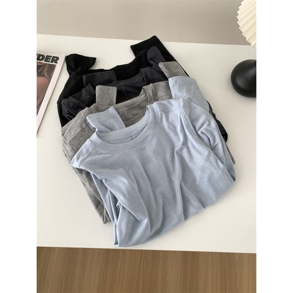 Thin Soft Waxy Fit Splice Long Sleeve T-shirt Women, Solid Color Backing Top