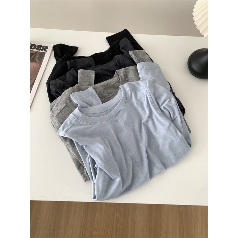 Thin Soft Waxy Fit Splice Long Sleeve T-shirt Women, Solid Color Backing Top