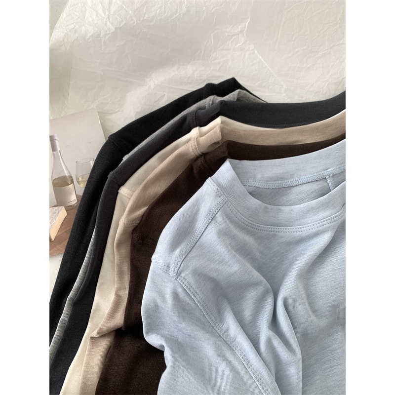 Thin Soft Waxy Fit Splice Long Sleeve T-shirt Women, Solid Color Backing Top