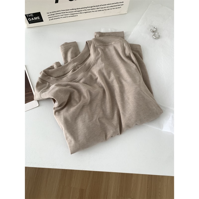 Thin Soft Waxy Fit Splice Long Sleeve T-shirt Women, Solid Color Backing Top