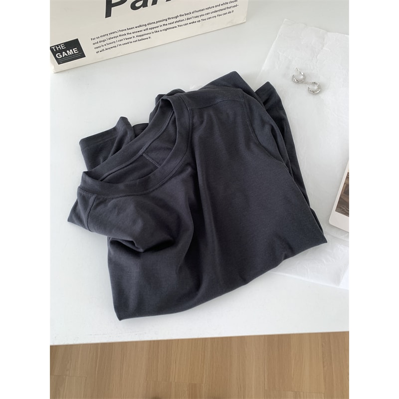 Thin Soft Waxy Fit Splice Long Sleeve T-shirt Women, Solid Color Backing Top