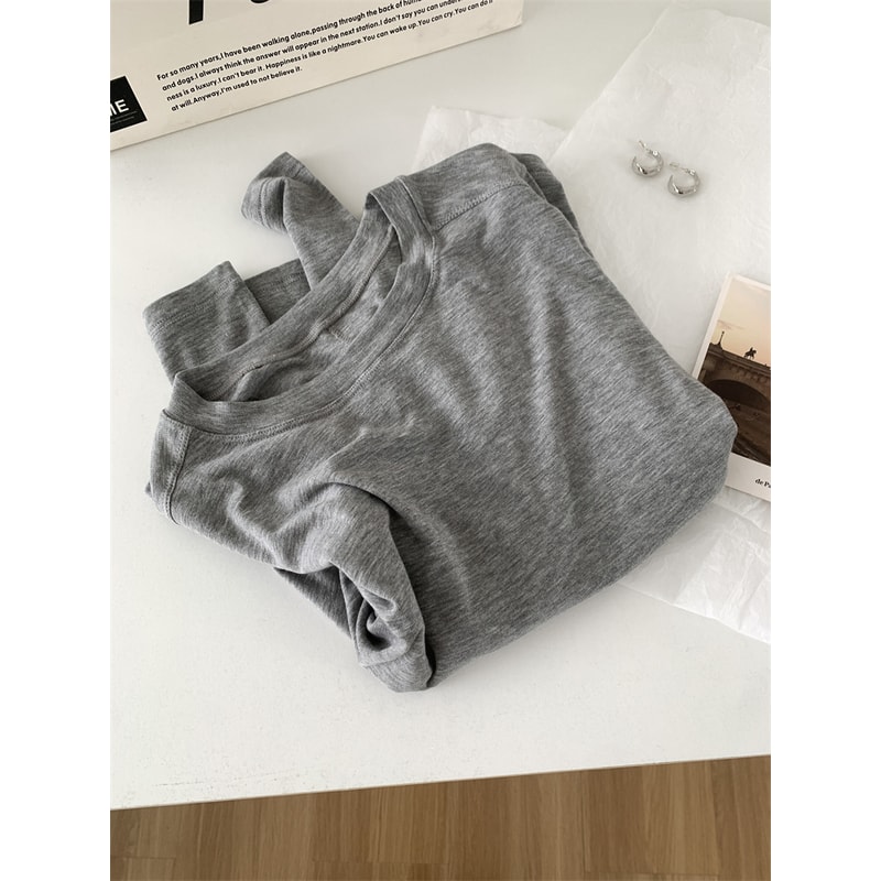 Thin Soft Waxy Fit Splice Long Sleeve T-shirt Women, Solid Color Backing Top