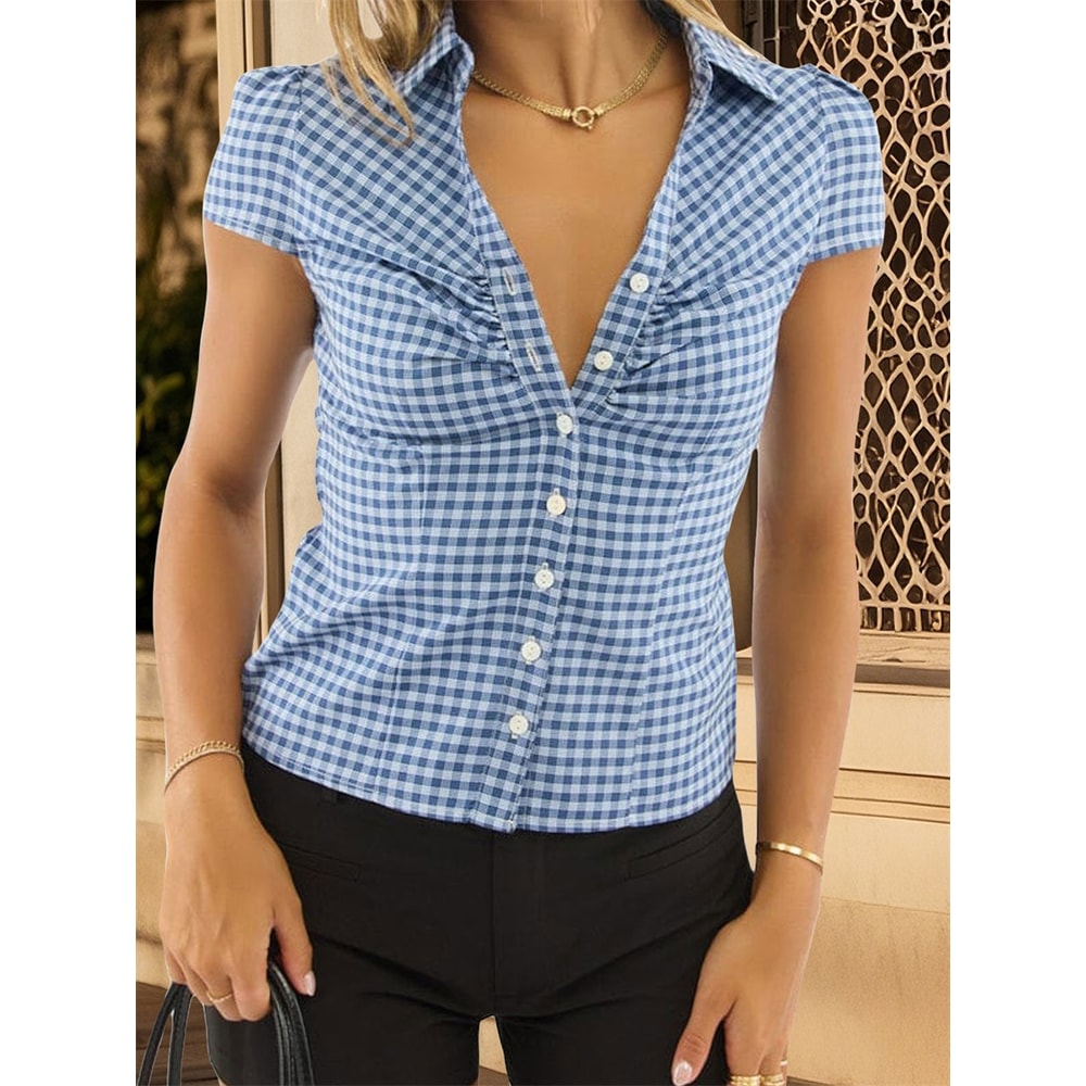 Stylish Summer Top for Everyday, Sleeve Plaid Shirt with Button Closure