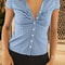 Stylish Summer Top for Everyday, Sleeve Plaid Shirt with Button Closure