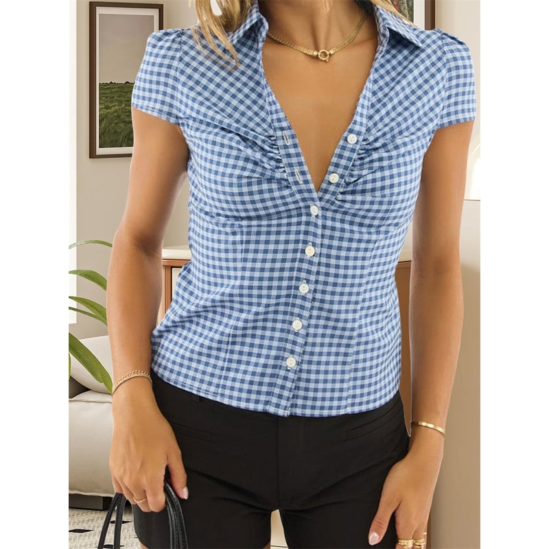 Stylish Summer Top for Everyday, Sleeve Plaid Shirt with Button Closure