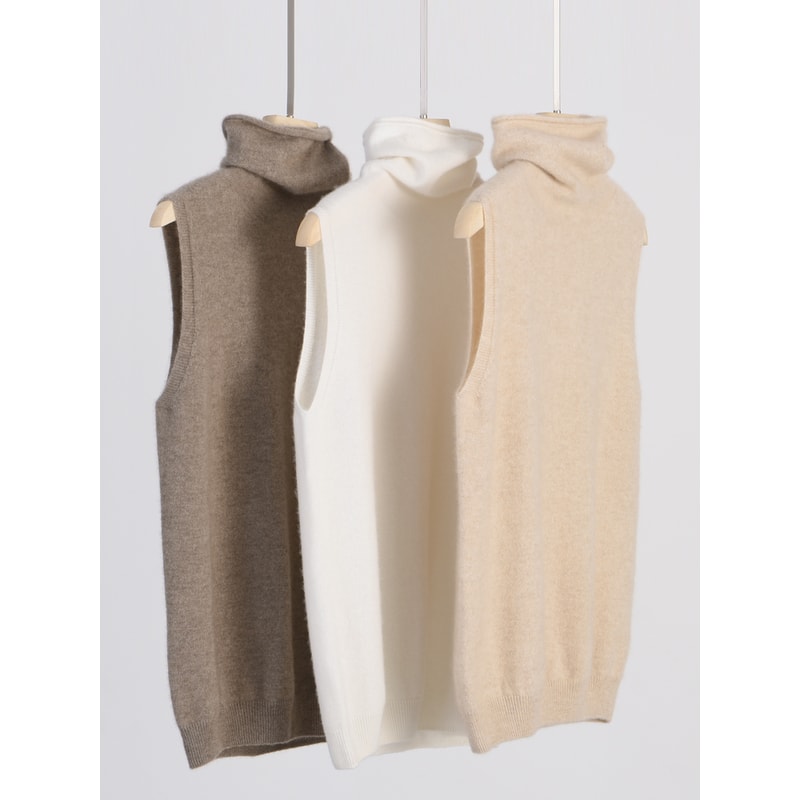 Wool Knitwear Sleeveless Pullovers Turtleneck Sweater, Fashion Waistcoat Vest Tops for Spring Autumn Winter