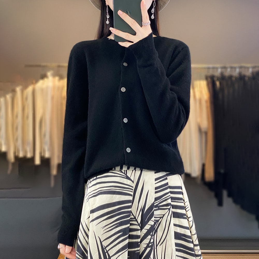 Casual Wool Sweater Women O-Neck Cardigan Buttoned Knitwear Soft Winter Tops