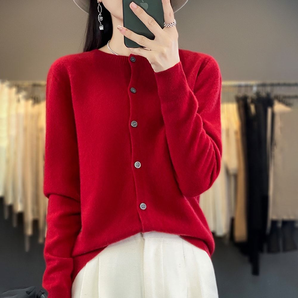 Casual Wool Sweater Women O-Neck Cardigan Buttoned Knitwear Soft Winter Tops