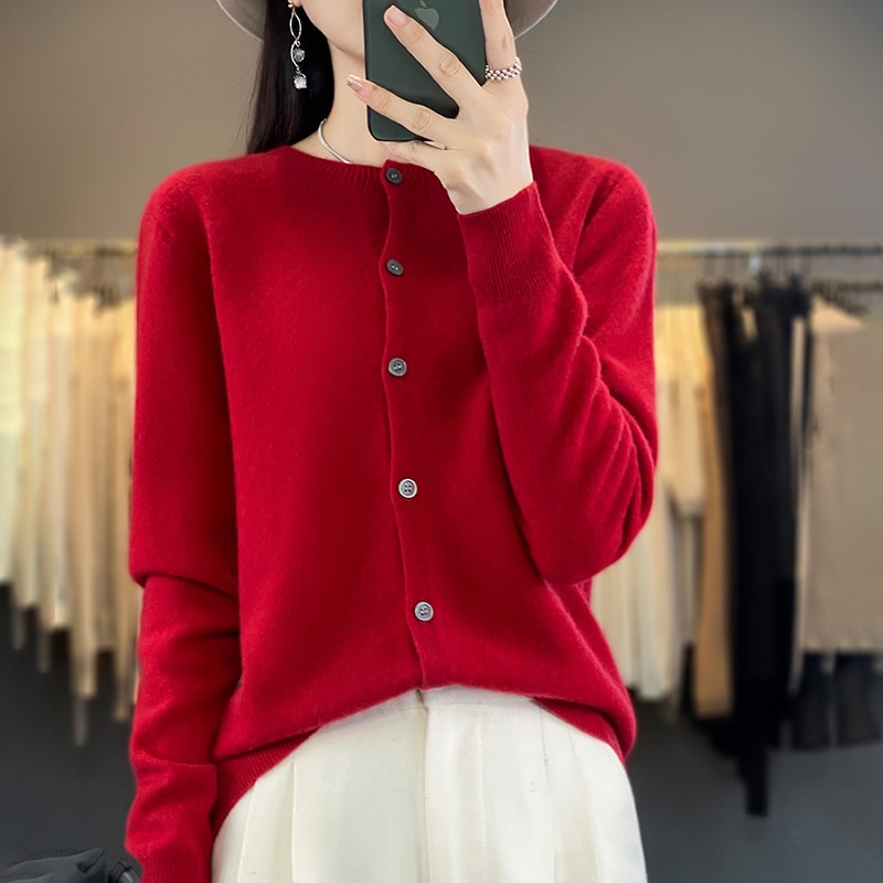 Casual Wool Sweater Women O-Neck Cardigan Buttoned Knitwear Soft Winter Tops