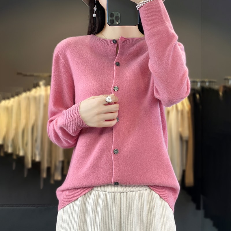 Casual Wool Sweater Women O-Neck Cardigan Buttoned Knitwear Soft Winter Tops