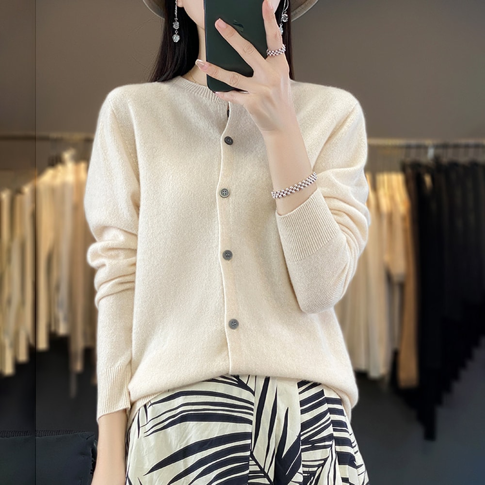 Casual Wool Sweater Women O-Neck Cardigan Buttoned Knitwear Soft Winter Tops