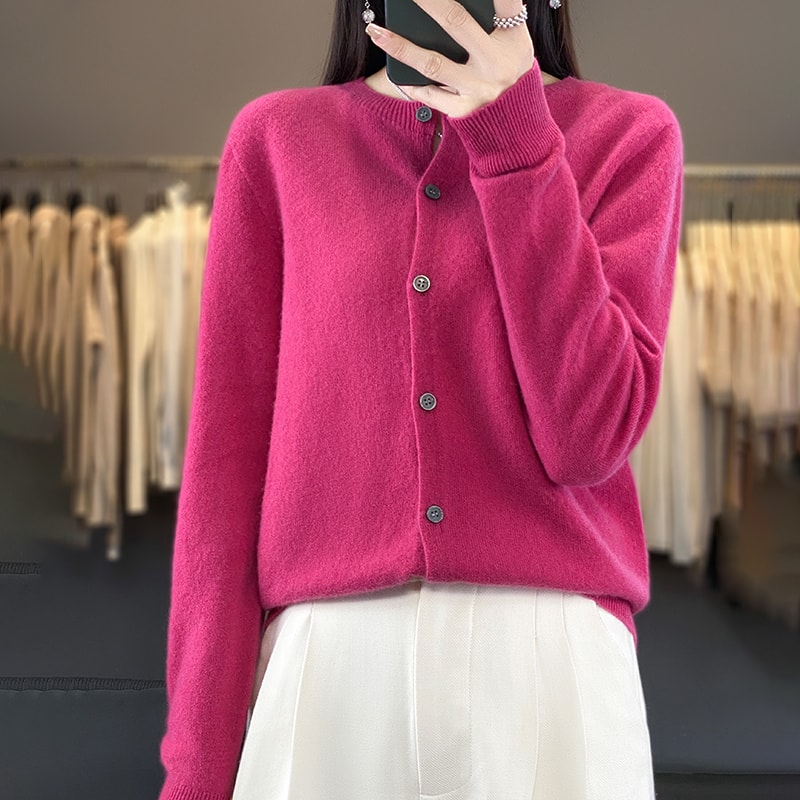 Casual Wool Sweater Women O-Neck Cardigan Buttoned Knitwear Soft Winter Tops