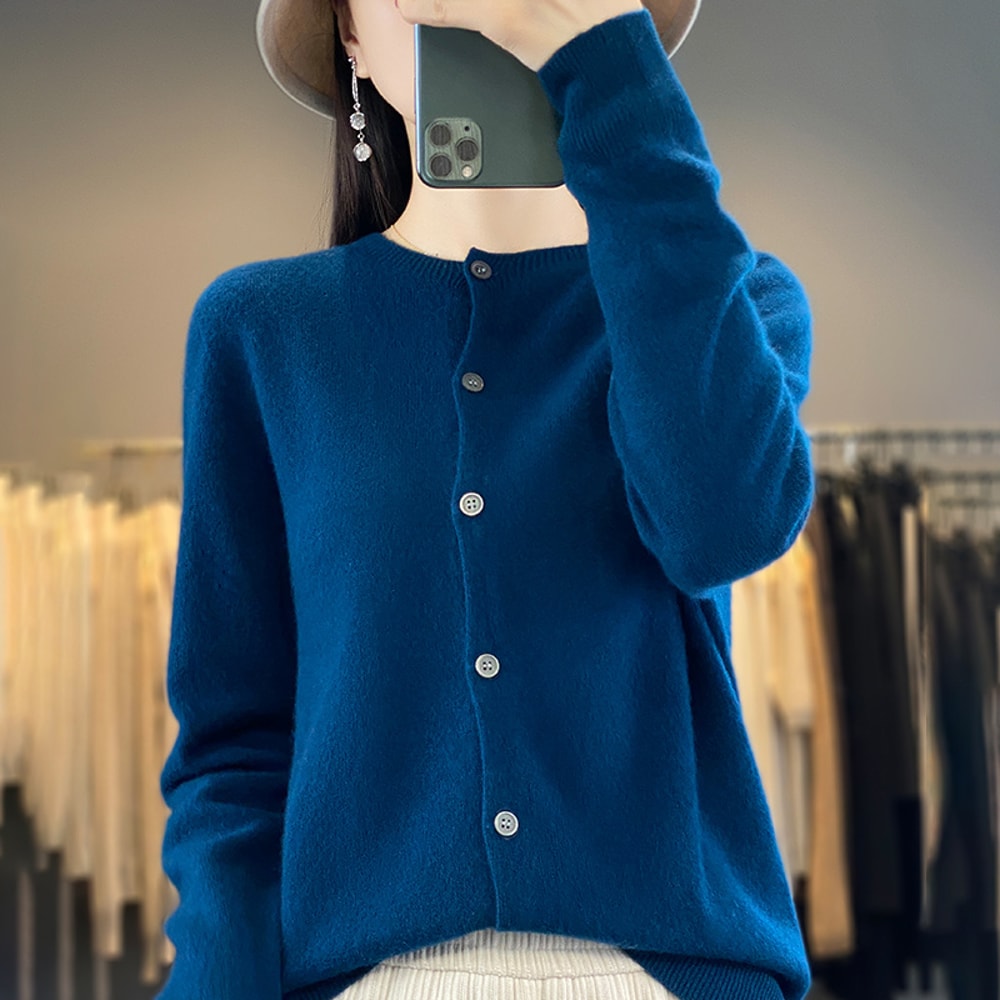 Casual Wool Sweater Women O-Neck Cardigan Buttoned Knitwear Soft Winter Tops
