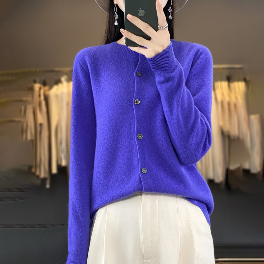 Casual Wool Sweater Women O-Neck Cardigan Buttoned Knitwear Soft Winter Tops