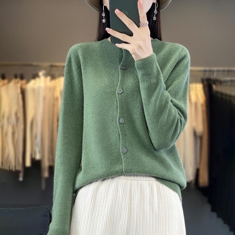 Casual Wool Sweater Women O-Neck Cardigan Buttoned Knitwear Soft Winter Tops