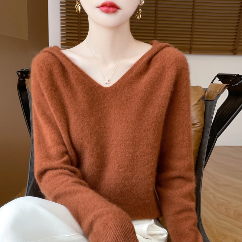 Soft Cashmere Tops, Clothing Hooded Collar Pullover Merino Wool Sweater