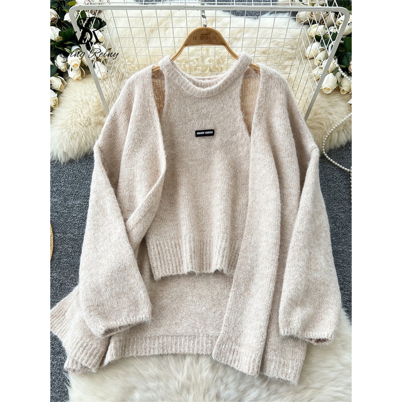 Warm Loose Cardigan, Solid Cashmere Sweater Long Sleeves, Sleeveless Knitting Tank Top Winter Casual Tops