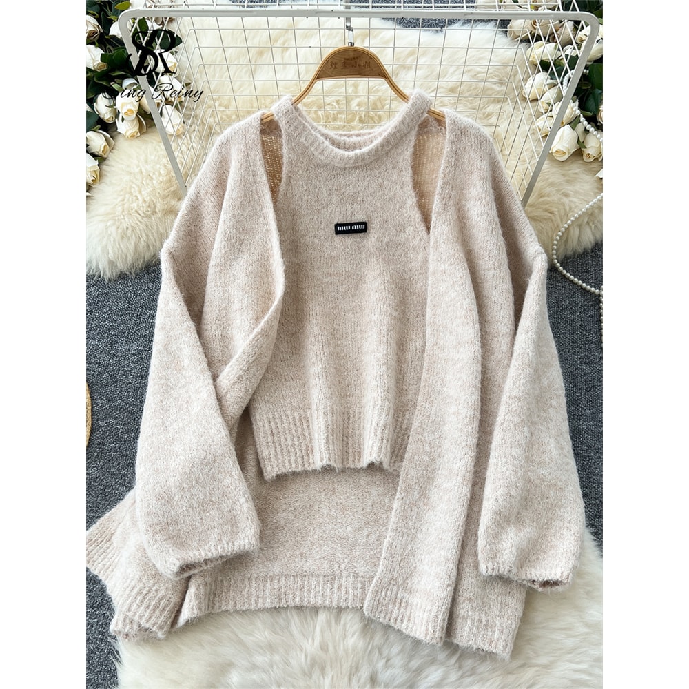 Warm Loose Cardigan, Solid Cashmere Sweater Long Sleeves, Sleeveless Knitting Tank Top Winter Casual Tops