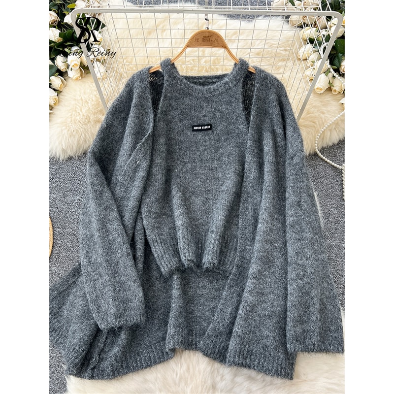 Warm Loose Cardigan, Solid Cashmere Sweater Long Sleeves, Sleeveless Knitting Tank Top Winter Casual Tops