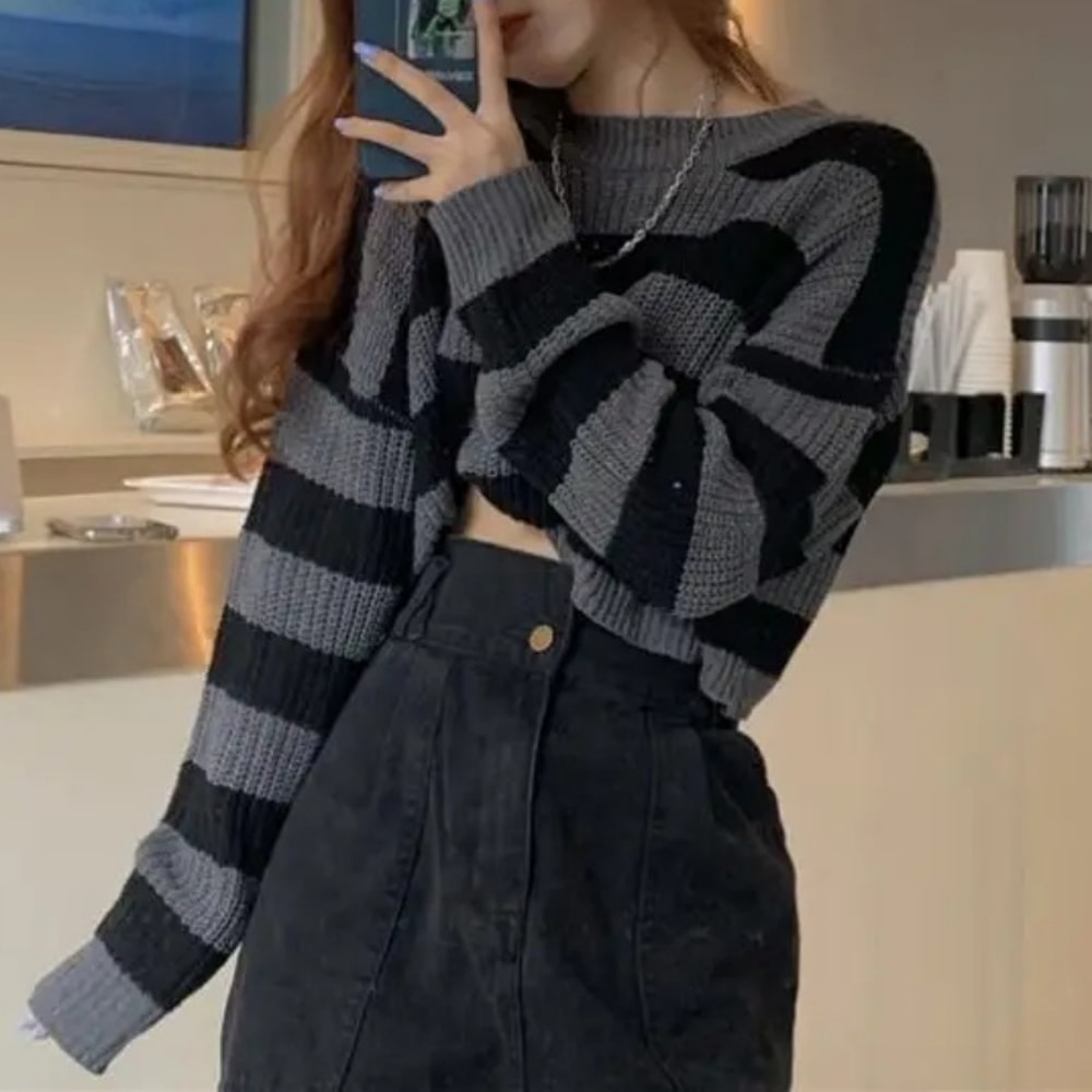 Vintage Oversize Knit Jumper Female, Korean Style Striped Cropped Sweater, Autumn Long Sleeve O-neck Pullover Tops