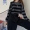 Vintage Oversize Knit Jumper Female, Korean Style Striped Cropped Sweater, Autumn Long Sleeve O-neck Pullover Tops