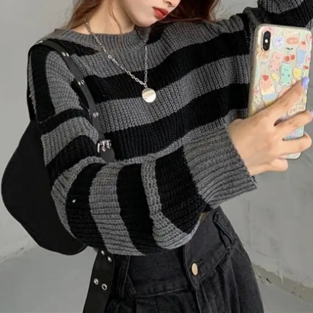 Vintage Oversize Knit Jumper Female, Korean Style Striped Cropped Sweater, Autumn Long Sleeve O-neck Pullover Tops