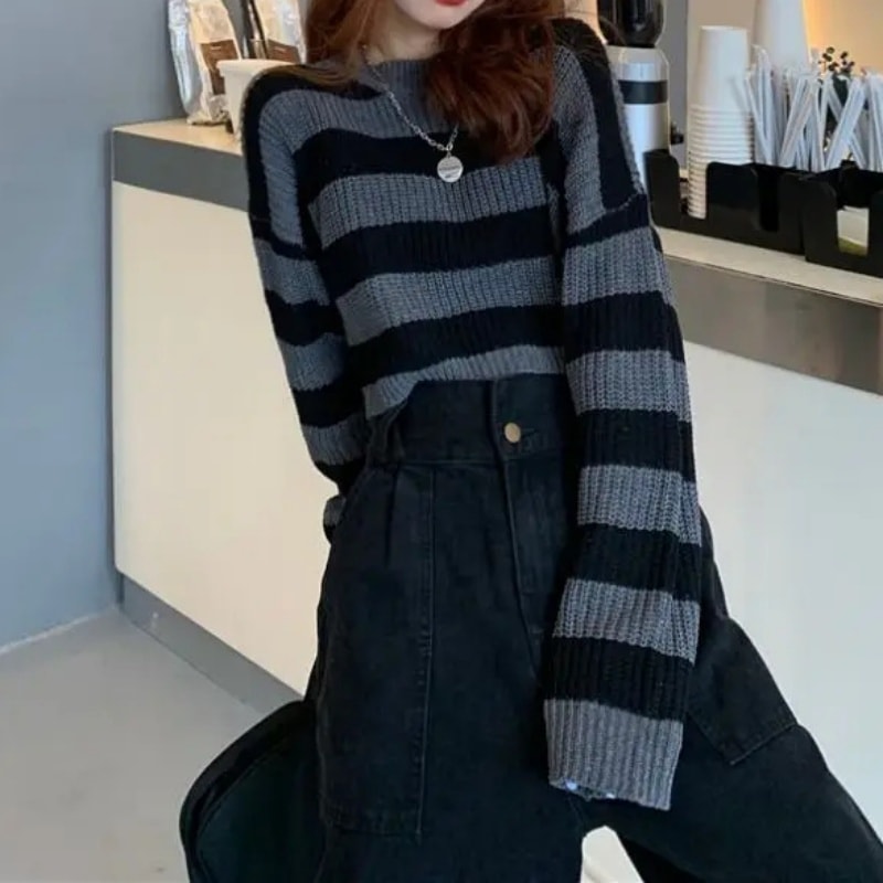 Vintage Oversize Knit Jumper Female, Korean Style Striped Cropped Sweater, Autumn Long Sleeve O-neck Pullover Tops