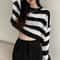 Vintage Oversize Knit Jumper Female, Korean Style Striped Cropped Sweater, Autumn Long Sleeve O-neck Pullover Tops