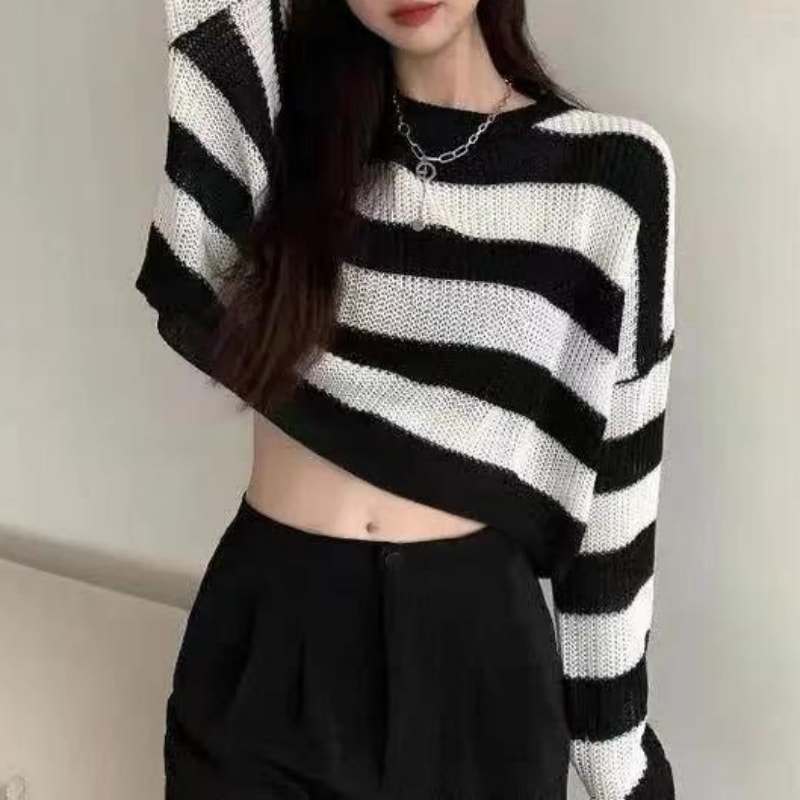 Vintage Oversize Knit Jumper Female, Korean Style Striped Cropped Sweater, Autumn Long Sleeve O-neck Pullover Tops