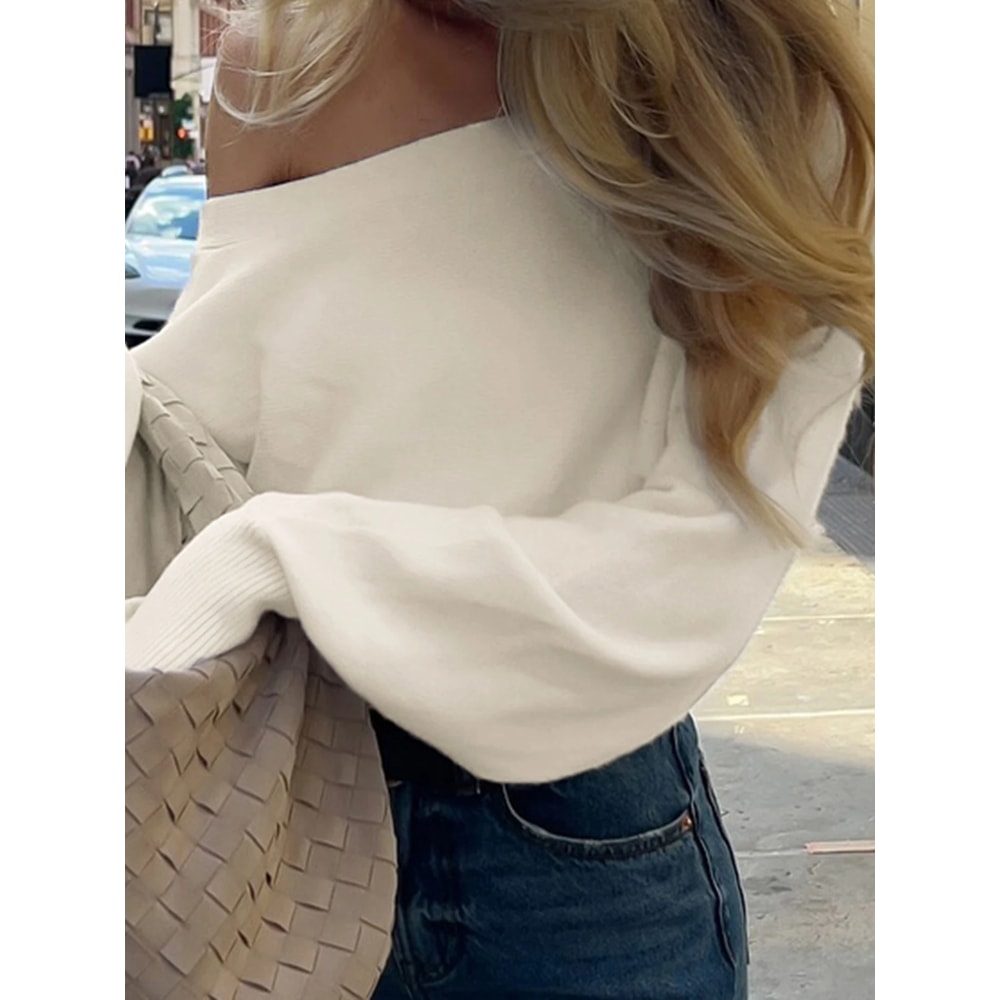 Casual Lady Long Sleeve Knitted Pullovers with Shoulder Sweater Slash Neck for Women Autumn Winter Fashion